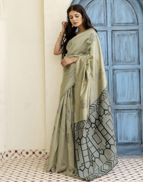 Vasthrlay Banarasi Jacquard Unstitched Teal Saree