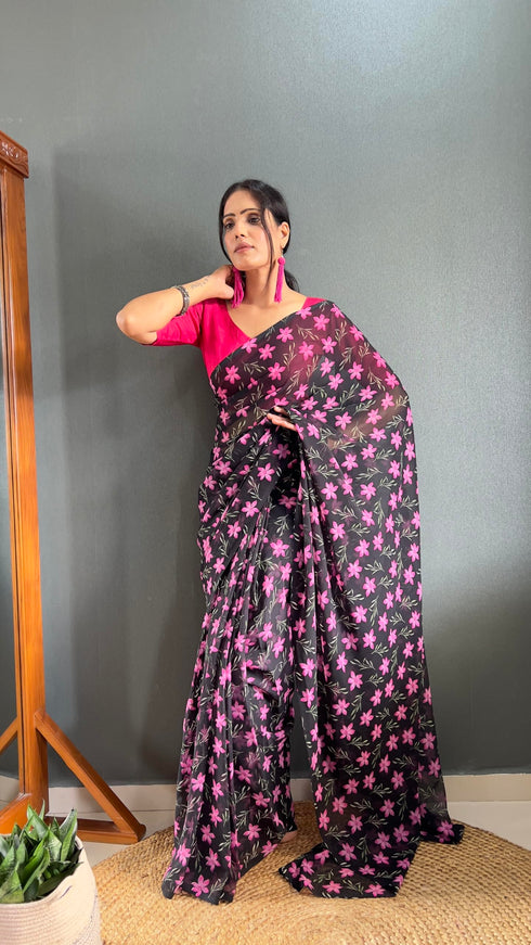 Vasthrlay Black Georgette Printed Unstitched Saree