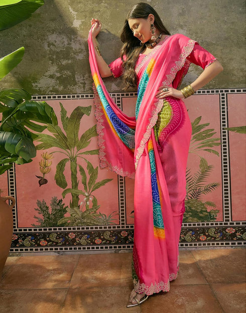 Vasthrlay Scalloped Embroidery Unstitched Lime Green Saree