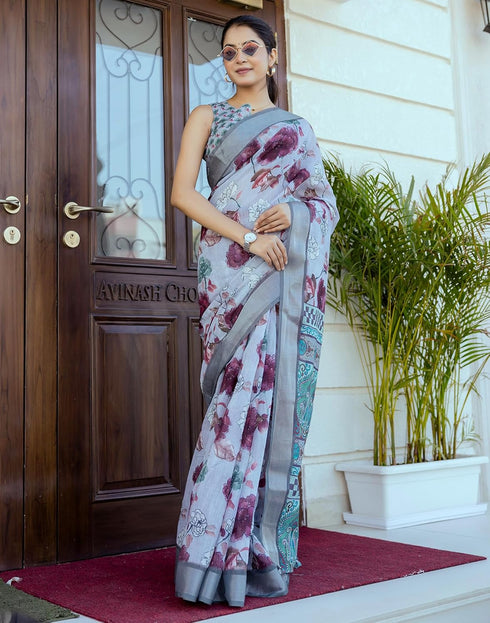 Vasthrlay Womens Printed Unstitched White Saree