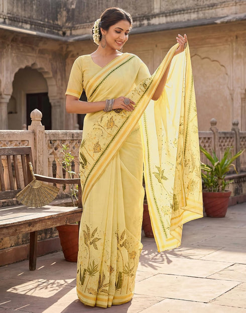 Vasthrlay Chanderi Printed Unstitched Beige Saree