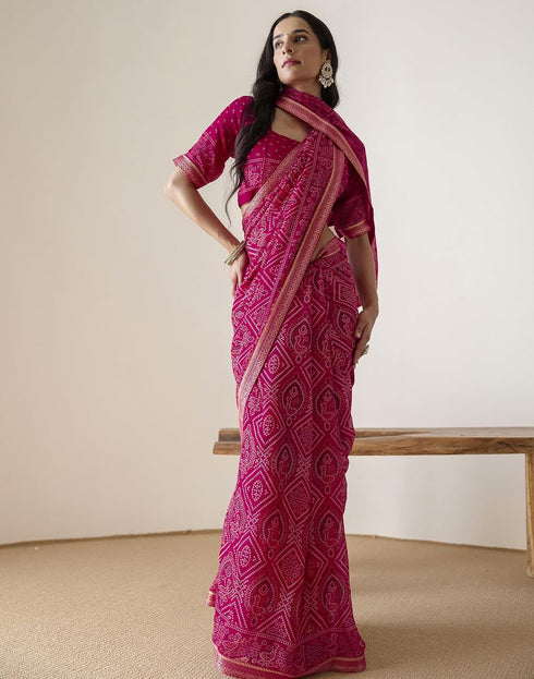 Vasthrlay Georgette Bandhani Rani Pink Saree With Unstitched Blouse Piece