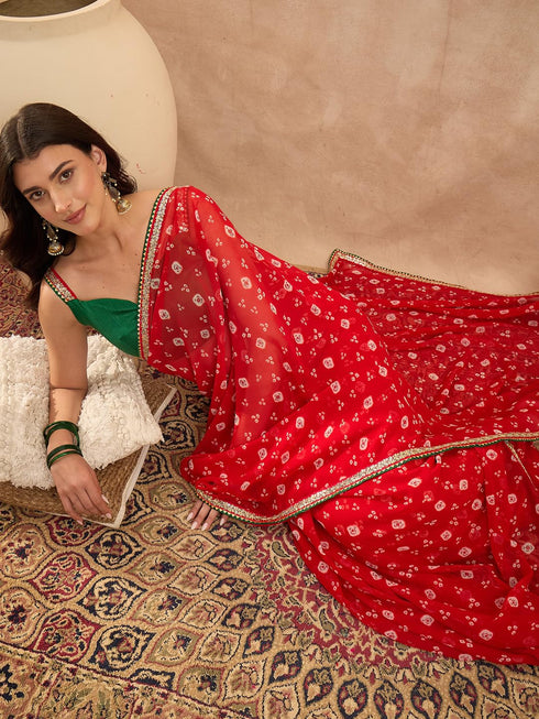 Vasthrlay Vasthrlaywomensredgeorgettebandhaniprintembroideredlaceworksareewithunstitchedblousepiece Sareeforwoman Designersareeforwomen Tr Ethnic Wear