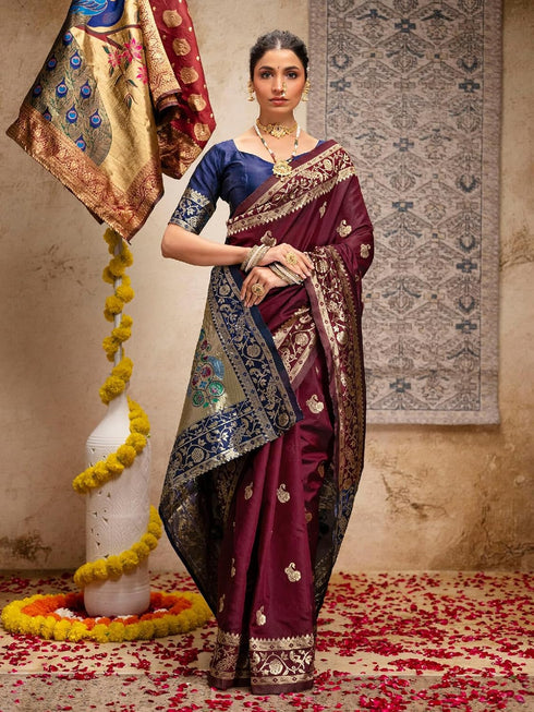 Vasthrlay Banarasi Weaving Navy Navy Blue Saree