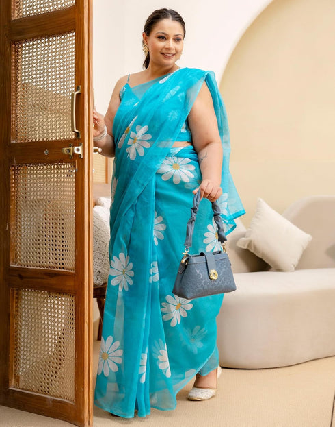 Vasthrlay Chanderi Printed Unstitched Blue Saree