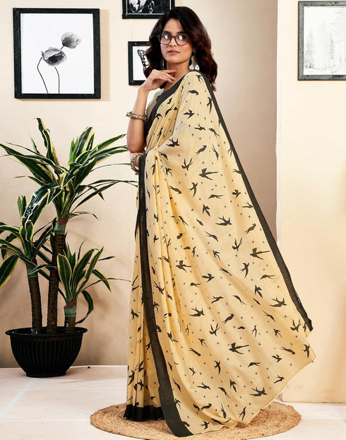 Vasthrlay Womens Printed Unstitched White Saree