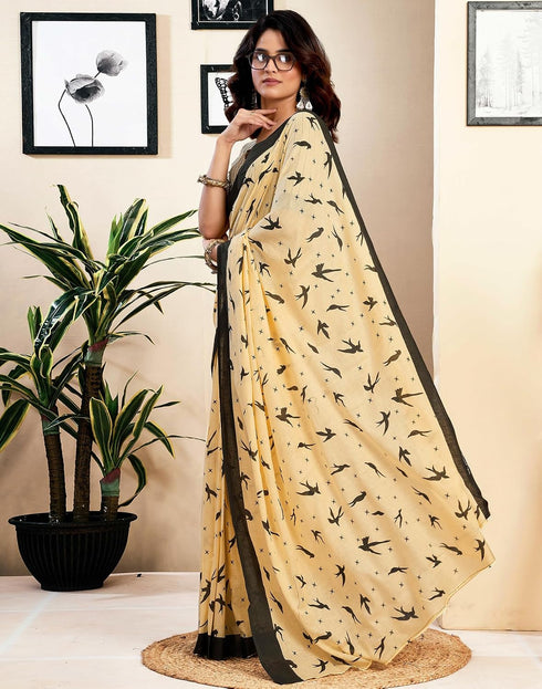 Vasthrlay Womens Printed Cream Saree With Unstitched Blouse Piece