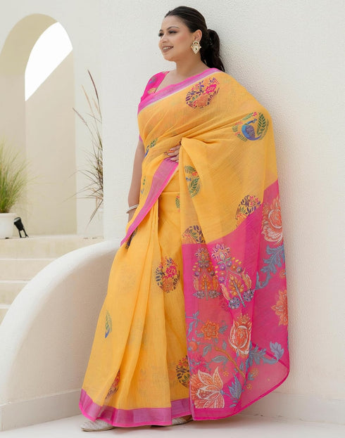 Vasthrlay Womens Printed Unstitched Orange Saree