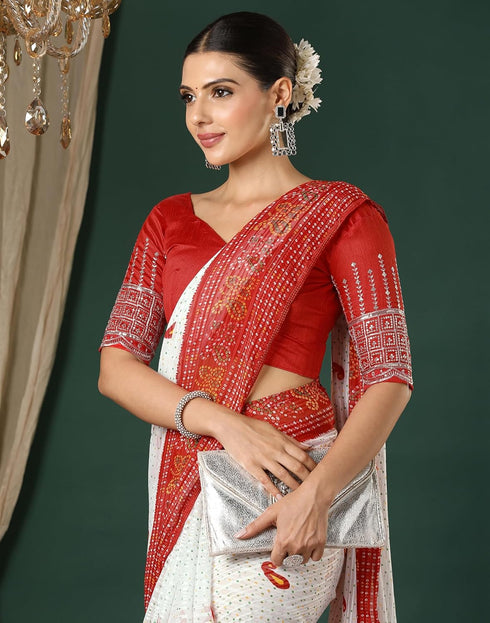 Vasthrlay Georgette Bandhani Unstitched White Saree