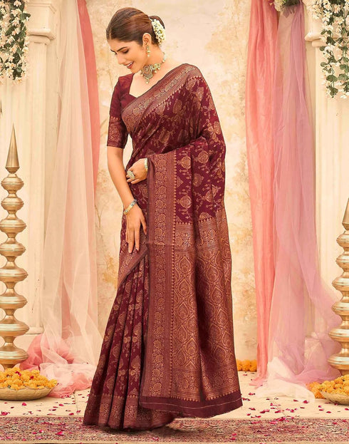 Vasthrlay Womens Weaving Maroon | Copper Saree With Unstitched Blouse Piece