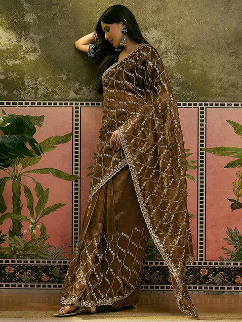 Vasthrlay Sequins Embroidery Turquoise Saree