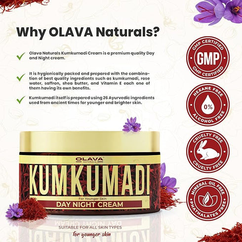 Olava Naturals Kumkumadi Cream for Face - Moisturizing Day and Night Cream with Kumkumadi Oil and saffron