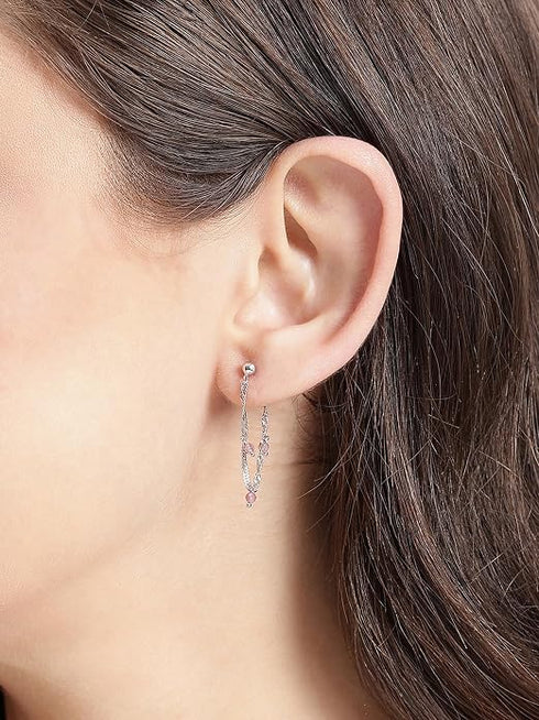 925 Sterling Silver Rhodium Plated Tourmaline Stud with Chain Earring