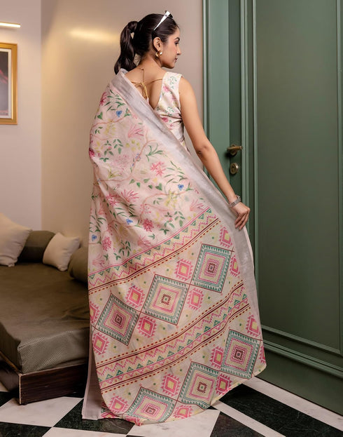 Vasthrlay Womens Printed Unstitched Cream Saree