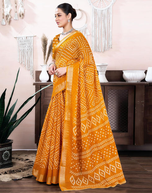 Vasthrlay Bandhani Printed Unstitched Yellow Saree