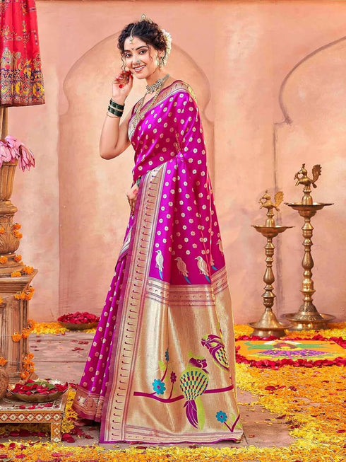 Vasthrlay Weaving Paithani Unstitched Teal Saree
