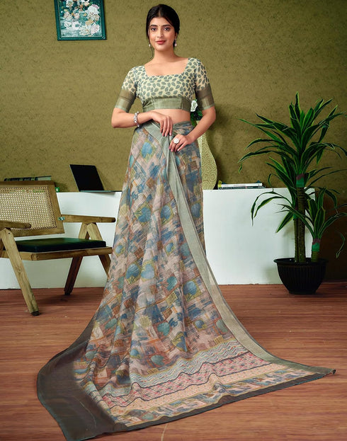 Vasthrlay Womens Cotton Printed Grey And Green Saree With Unstitched Blouse Piece