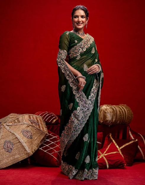 Vasthrlay Embroidery Scalloped Unstitched Maroon Saree