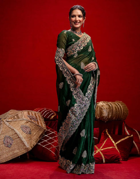 Vasthrlay Embroidery Scalloped Dark Green Saree With Unstitched Blouse Piece