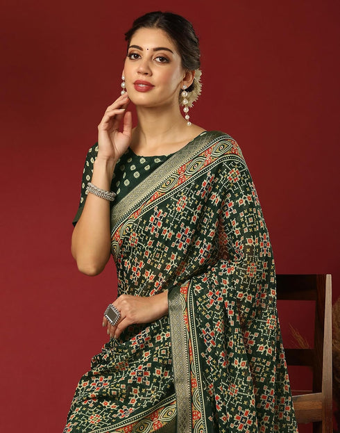 Vasthrlay Georgette Bandhani Dark Green Saree With Unstitched Blouse Piece
