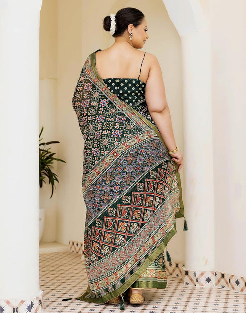 Vasthrlay Georgette Bandhani Olive Saree With Black Unstitched Blouse Piece