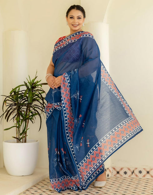 Vasthrlay Chanderi Printed Unstitched Blue Saree