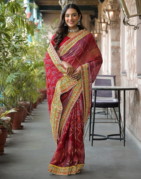 Vasthrlay Bandhani Embroidery Magenta Saree With Red Unstitched Blouse Piece