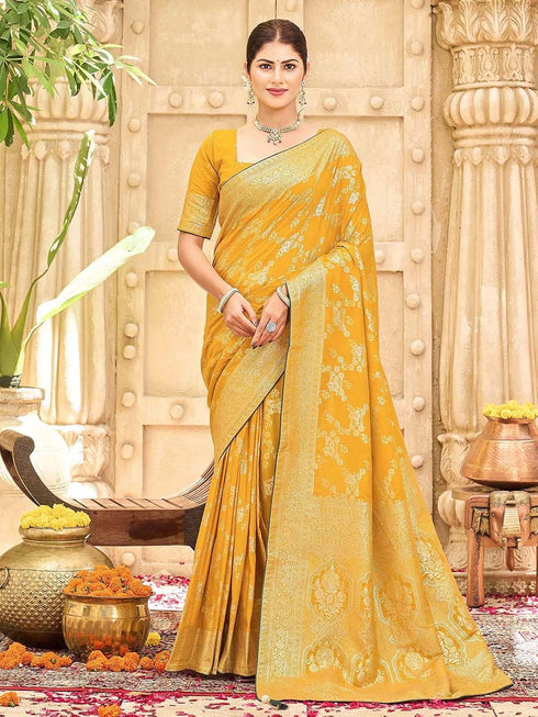 Vasthrlay Womens Banarasi Yellow Saree With Unstitched Blouse Piece