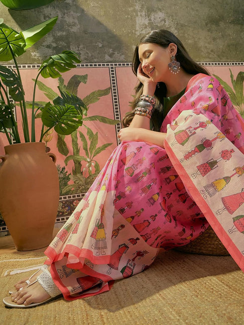 Vasthrlay Shimmer Printed Pink | Beige Saree With Green Unstitched Blouse Piece