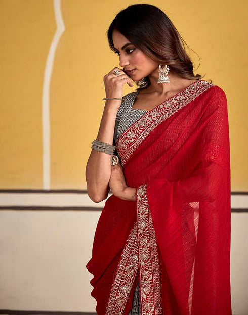 Vasthrlay Georgette Embroidery White | Black Saree With Unstitched Blouse Piece