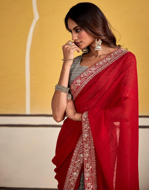 Vasthrlay Georgette Embroidery Unstitched Maroon Saree