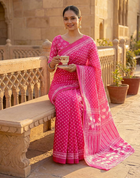 Vasthrlay Womens Printed Pink Saree With Unstitched Blouse Piece