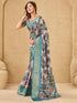 Vasthrlay Printed Jacquard Multicolour And Teal Blue Border Saree With Unstitched Blouse Piece