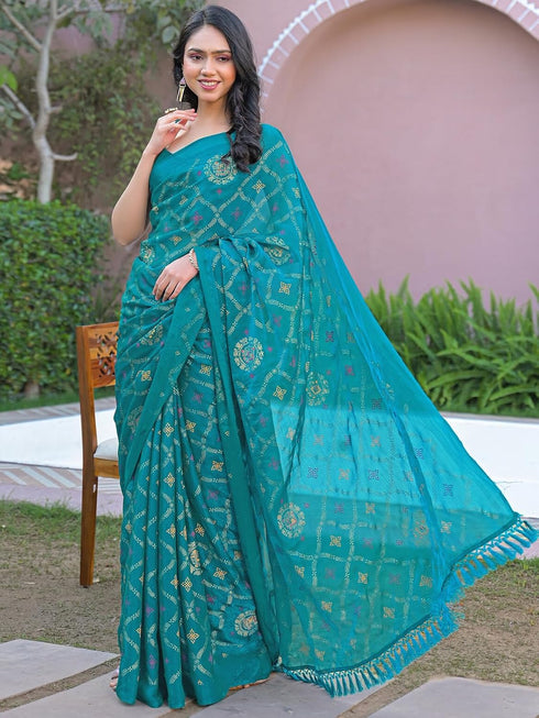 Vasthrlay Chiffon Printed Unstitched Teal Saree