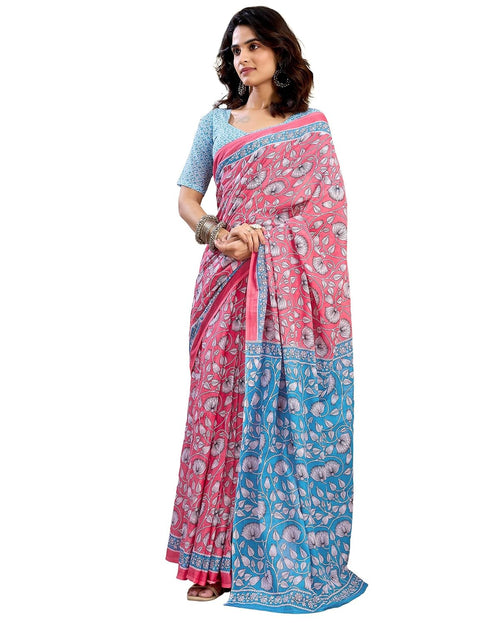 Vasthrlay Womens Printed Pink Saree With Blue Unstitched Blouse Piece