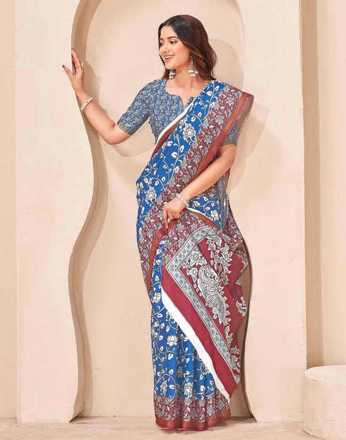 Vasthrlay Kalamkari Printed Unstitched Blue Saree