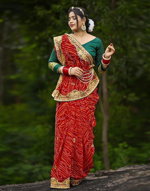 Vasthrlay Georgette Printed Unstitched Red Saree
