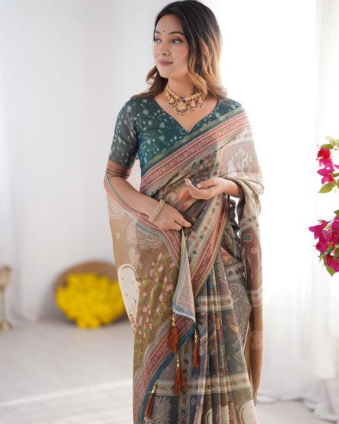 Vasthrlay Handloom Grey Green Traditional Saree