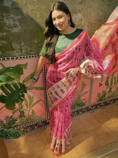 Vasthrlay Shimmer Printed Unstitched Lime Green Saree