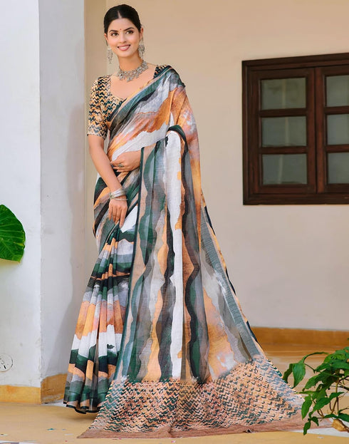 Vasthrlay Womens Printed Unstitched Beige Saree