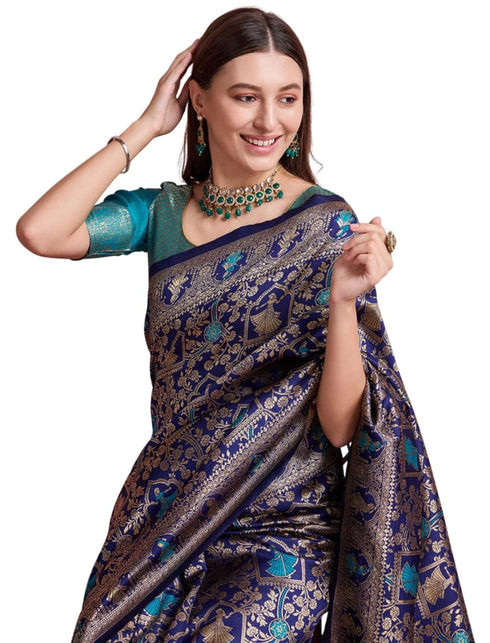Vasthrlay Blue Banarasi Traditional Unstitched Saree