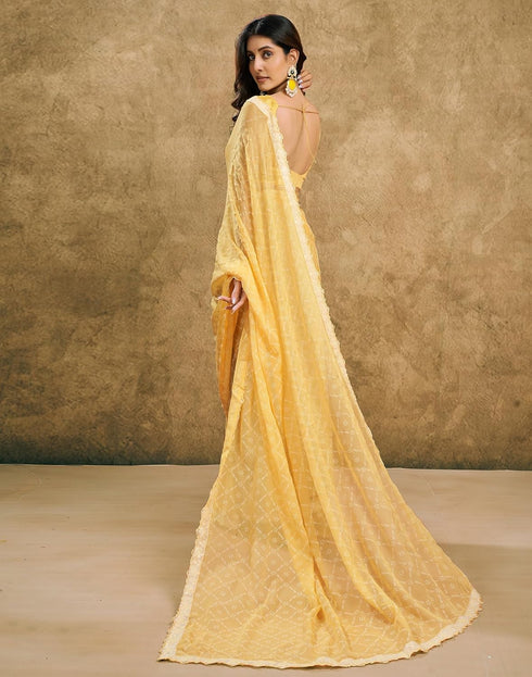 Vasthrlay Chiffon Bandhani Unstitched Yellow Saree