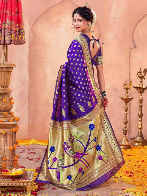 Vasthrlay Weaving Paithani Teal Green And Golden Border Saree With Unstitched Blouse Piece