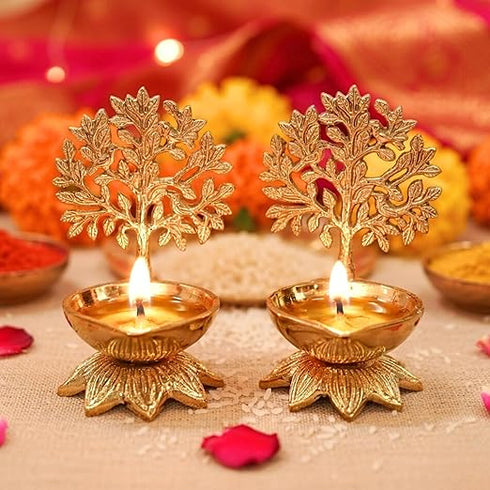 Behoma 100% Pure Brass Kalpavriksha Diya for Puja - Set of 2