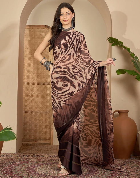 Vasthrlay Printed Georgette Unstitched Brown Saree