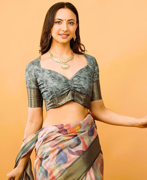Vasthrlay Multicolour Geometric Print Polyester Saree With Dull Gold Zari Border And Unstitched Blouse Piece