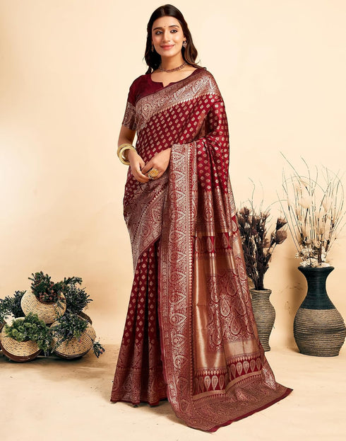 Vasthrlay Kanjivaram Banarasi Wedding Maroon Saree With Unstitched Blouse Piece