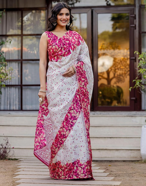 Vasthrlay Womens Printed Unstitched White Saree