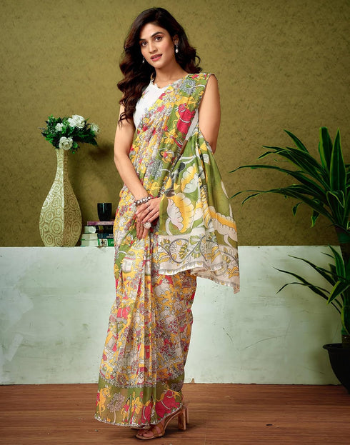 Vasthrlay Chanderi Printed Yellow And Green Saree With Unstitched Blouse Piece