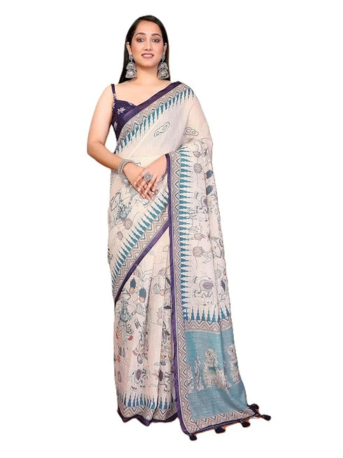 Vasthrlay Cream Floral Printed Design Linen Saree With Solid Unstitched Linen Blouse Piece